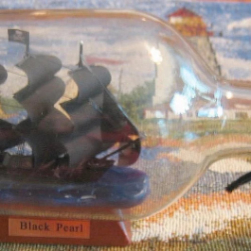 Pirate Ship in a Bottle-- BLACK PEARL  3 Masted-8 1/2" long w/B0NUS Spanish Gold
